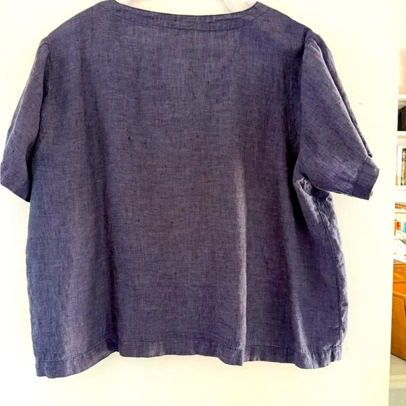 Women's Dark Blue Linen Button-Up Top from Garnet Hill. Size XL. - Picture 3 of 8